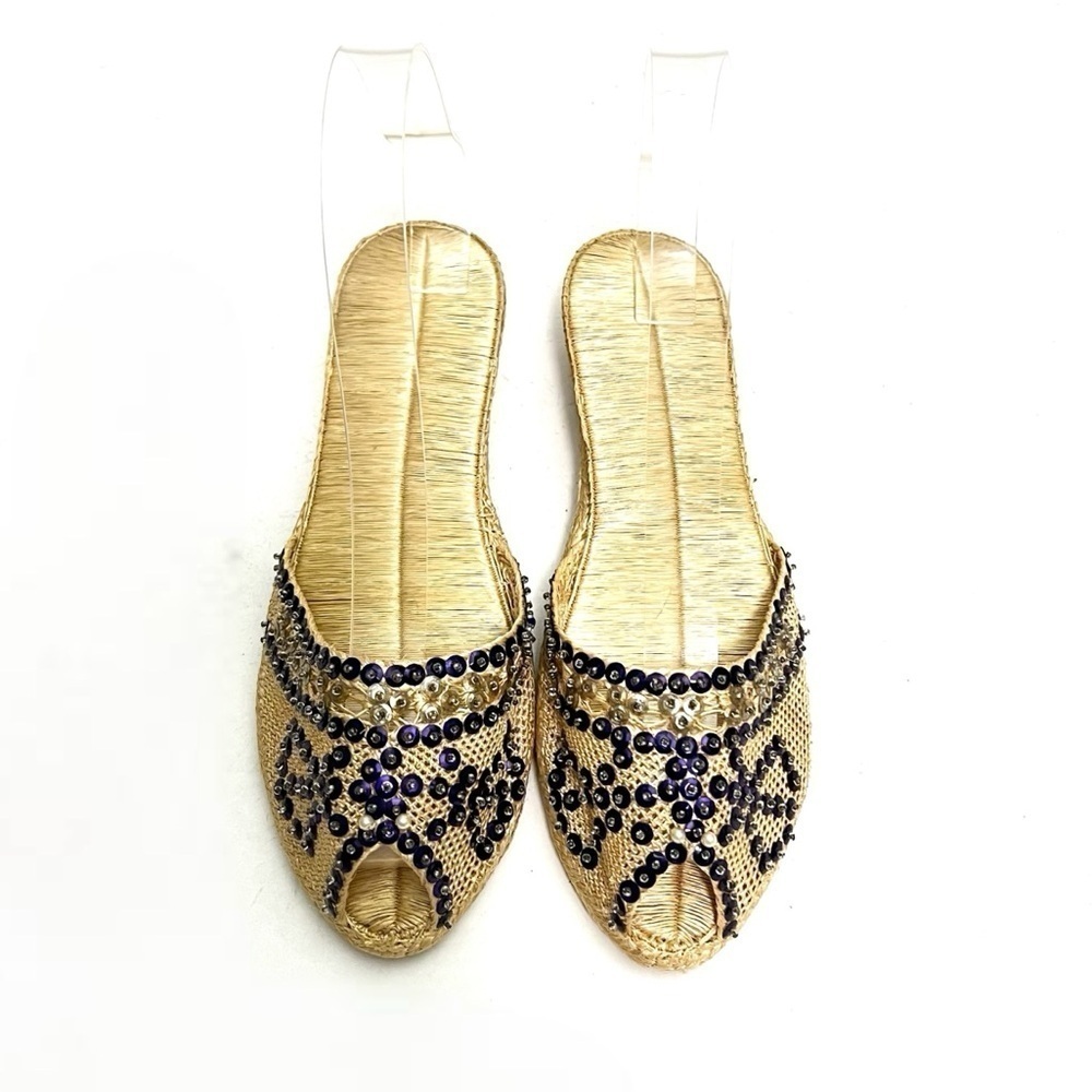 Vintage 1990s purple sequin beaded peep toe rattan wedge espadrille sandals